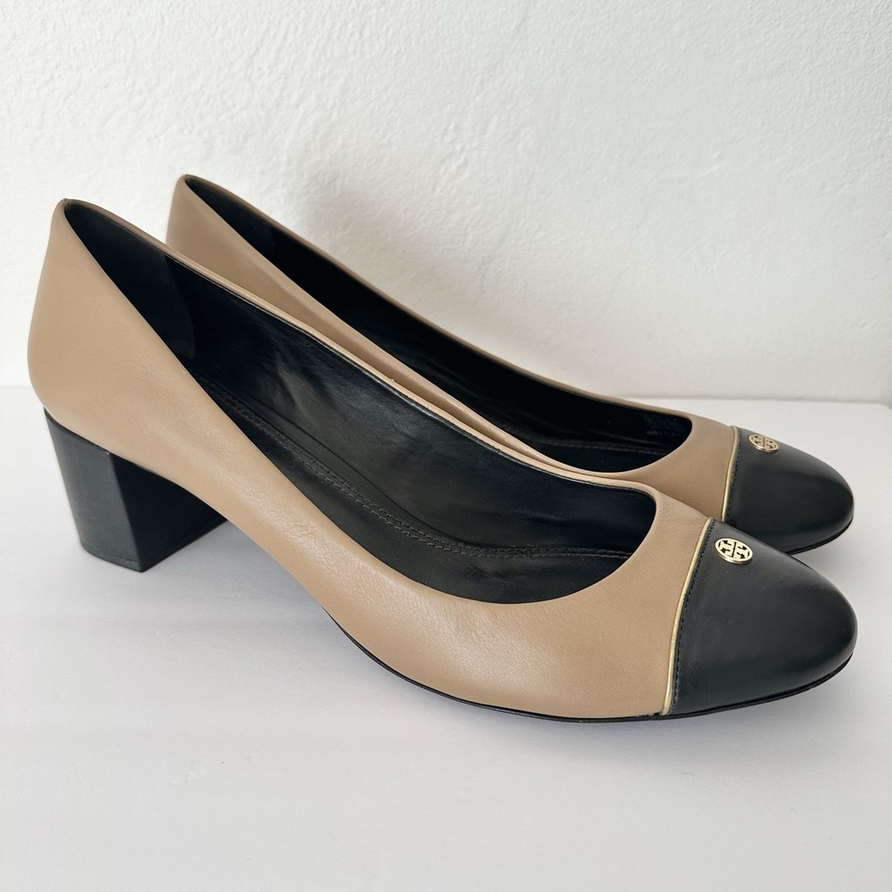 Tory Burch Women's Size 11 M Tan Black Leather Cap Toe Block Heel Pumps